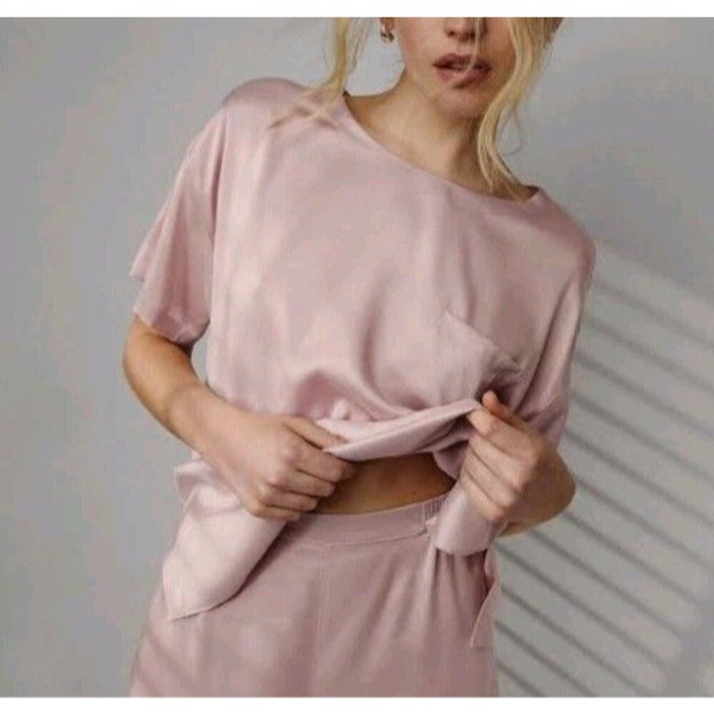 NWT LUNYA Pink Washable Silk Oversized Tee Pajama Top Sz XS Clean Girl Ethereal